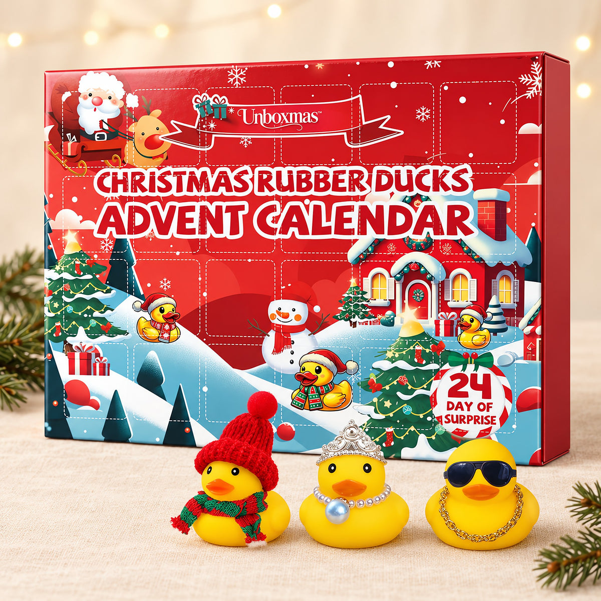 Christmas Ducks advent calendar box with three of the ducks in front
