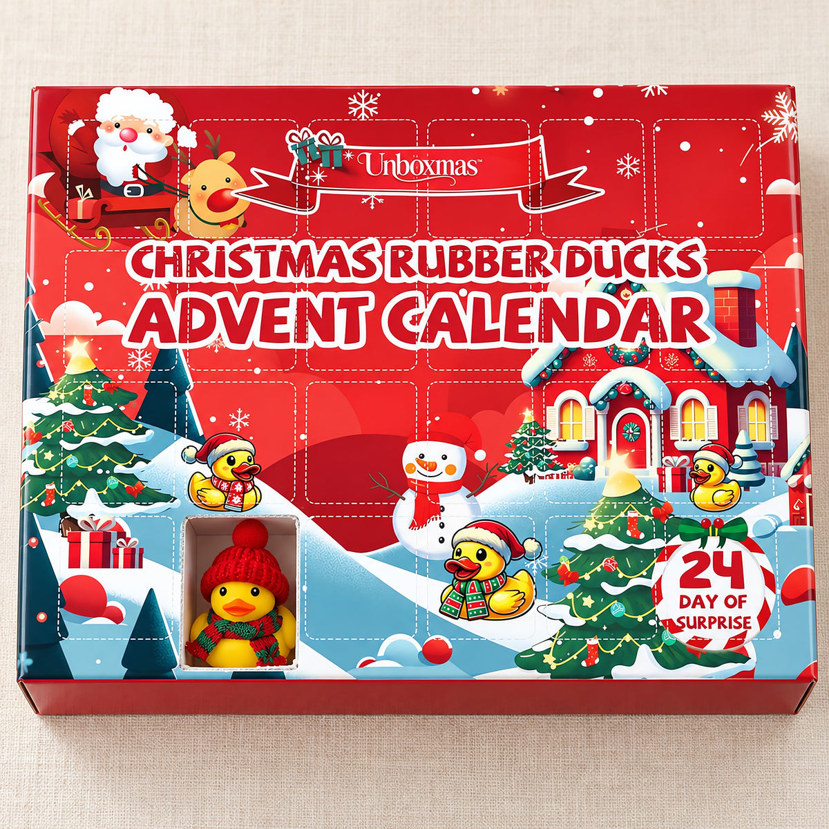 Christmas Ducks calendar with one door open and a duck inside