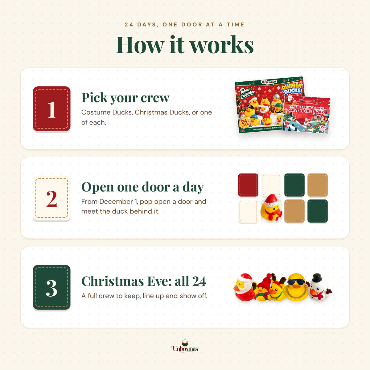 How it works: pick your crew, open one door a day, have all 24 by Christmas Eve