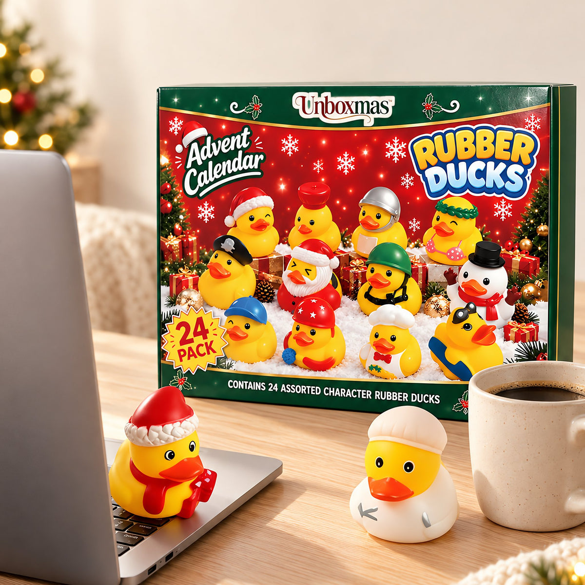 A Costume Duck on a laptop beside a coffee mug and the duck calendar
