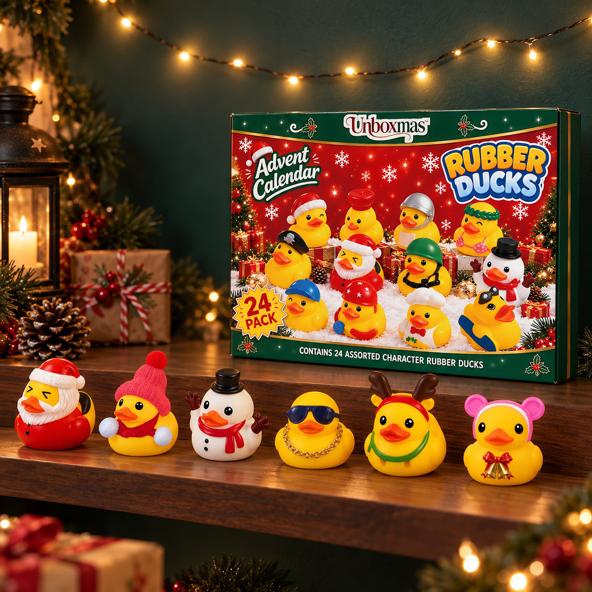 Six rubber ducks lined up on a shelf under fairy lights, with the calendar behind
