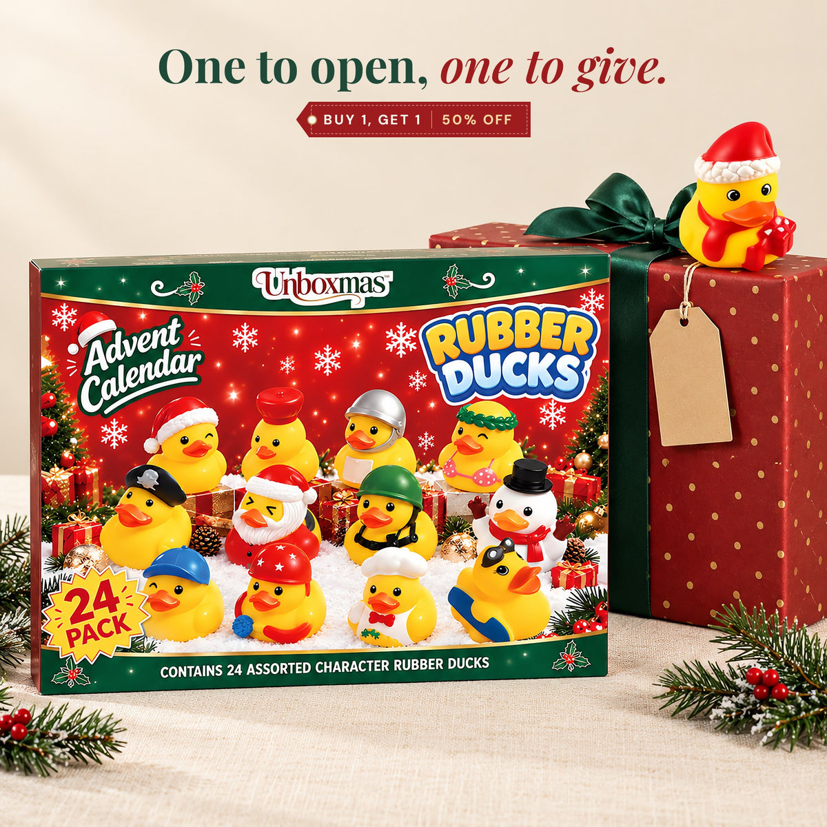 Duck calendar beside a wrapped gift: one to open, one to give