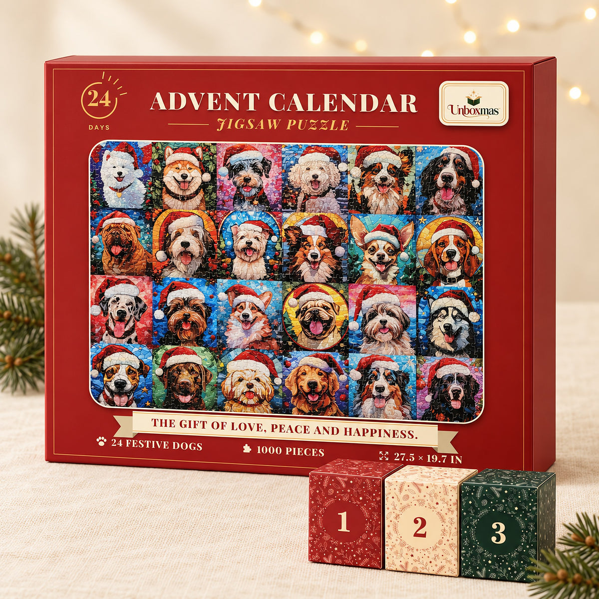 Dog puzzle advent calendar box with three numbered gift boxes in front