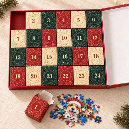 Open calendar with 24 numbered boxes, and box 1 opened beside its puzzle pieces