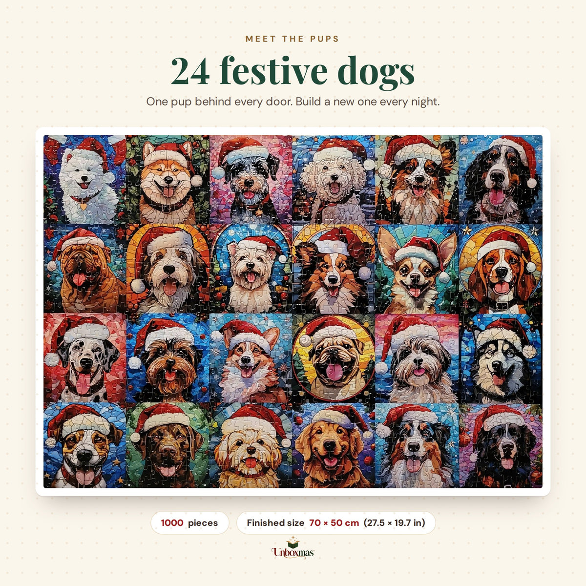 The finished puzzle: 24 dogs in Santa hats