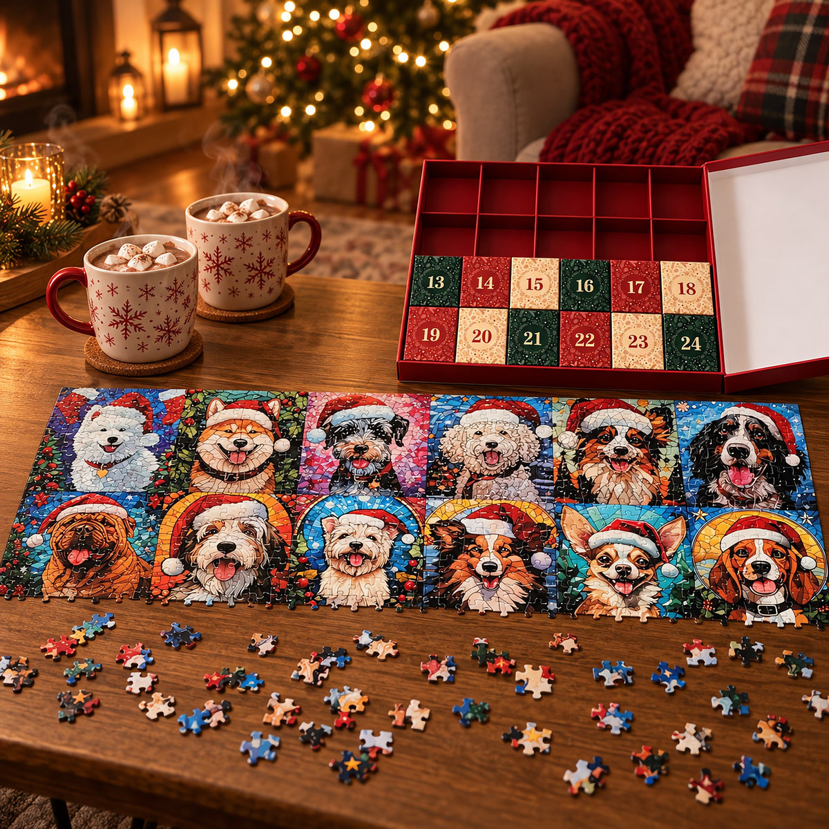 Half-built dog puzzle on a coffee table with two mugs of cocoa and the open calendar