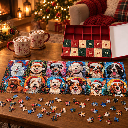 Half-built dog puzzle on a coffee table with two mugs of cocoa and the open calendar