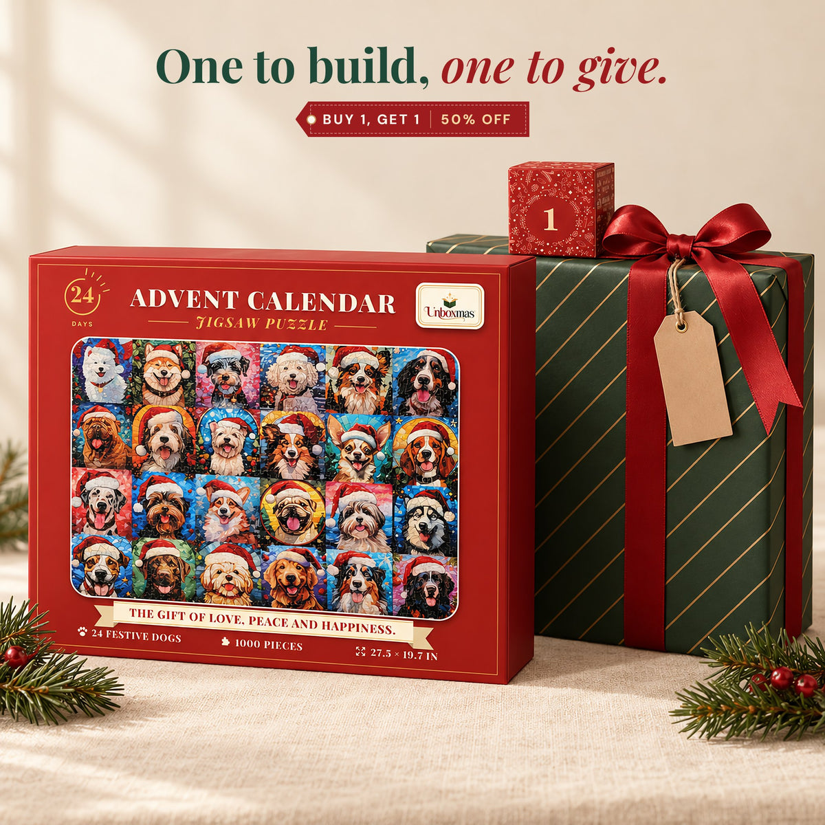 Dog puzzle calendar beside a wrapped gift: one to build, one to give
