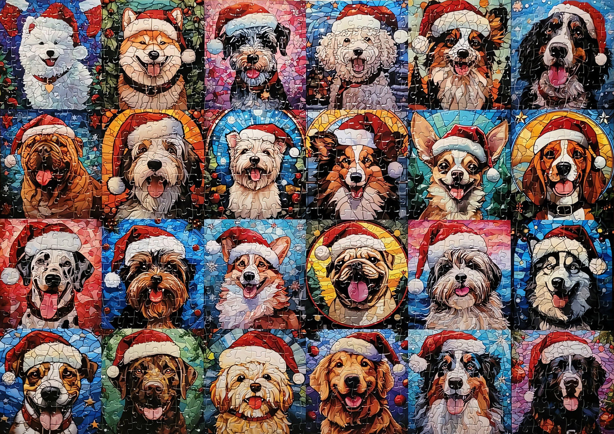 The finished Unboxmas dog puzzle: 24 dogs in Santa hats