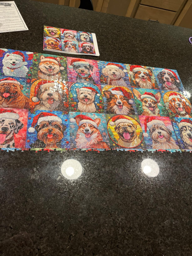 Customer photo: the finished dog puzzle on a kitchen counter