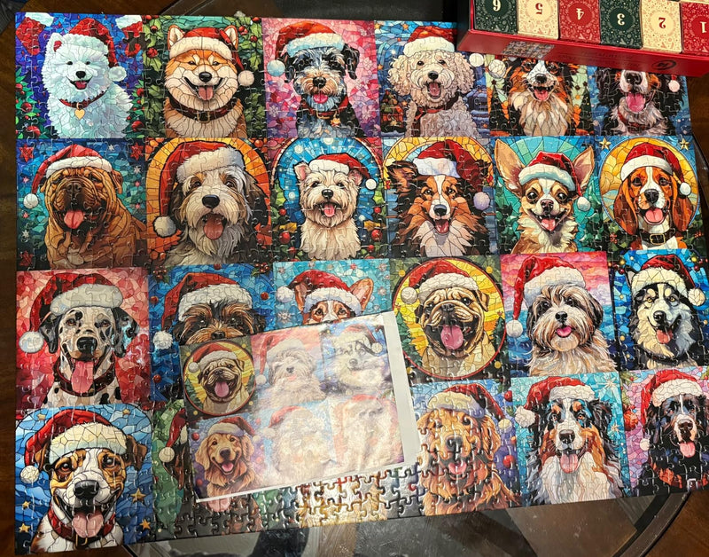 Customer photo: the dog puzzle almost complete, one tile still in progress