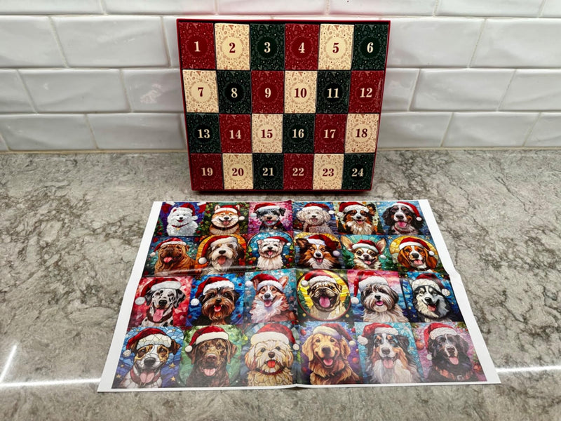 Customer photo: the finished dog puzzle under the advent calendar box